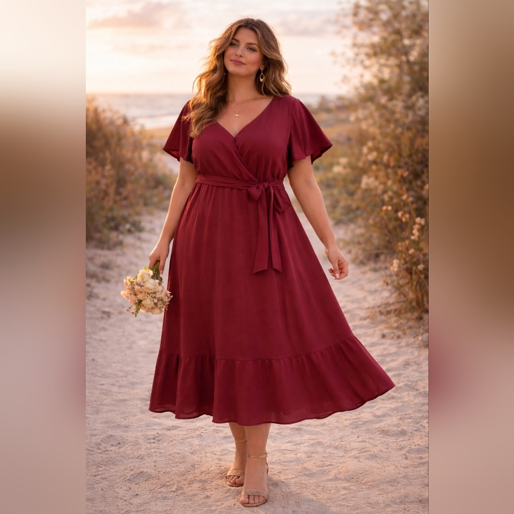 Bloomchic NWT Burgundy Wrap Side Pockets Belted Ruffle Hem Dress Size 28/4X